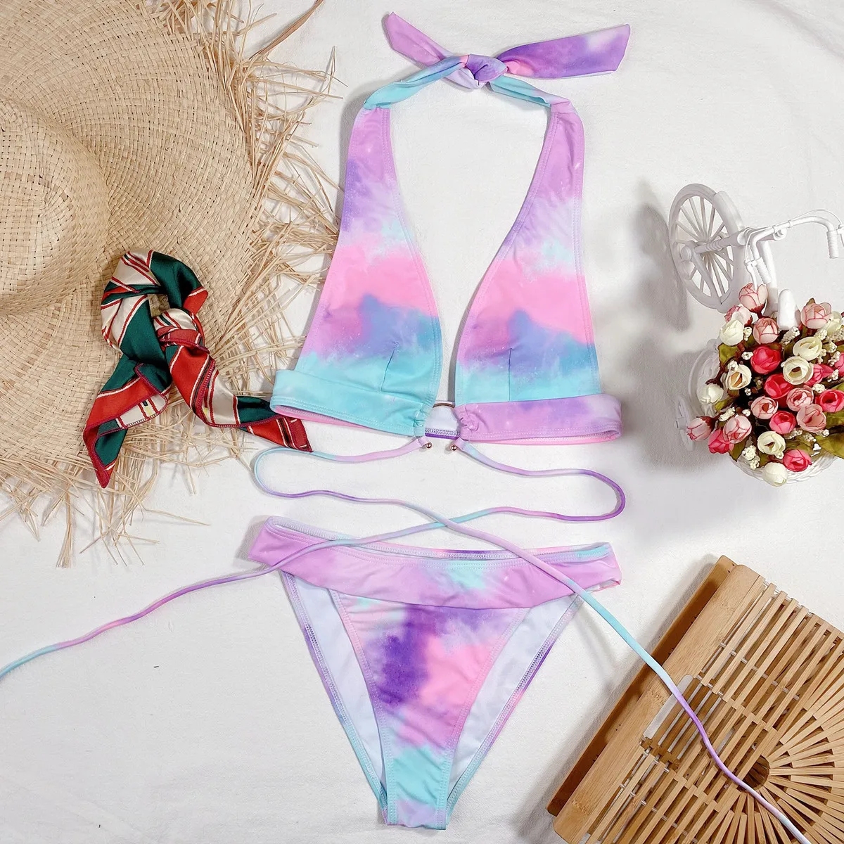 

2021 New Arrivals High Quality Women's Sexy Simple Tie-dyed Bandage High Waist Two Piece Bikini Designer Swimsuits Famous Brands