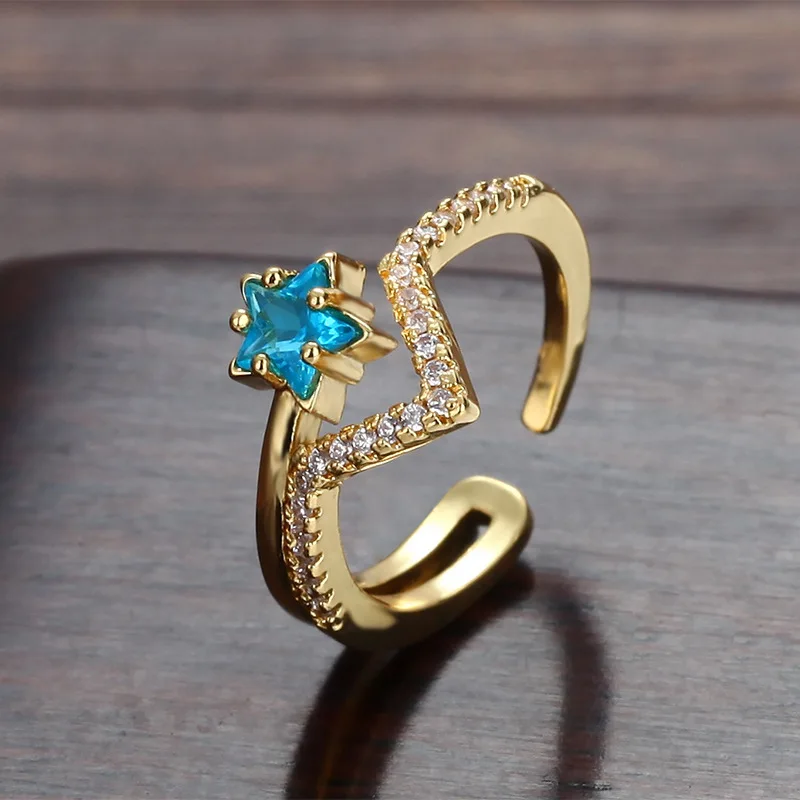 

Amazon Best Selling Real Gold Plated Blue Diamond Star Rings Micro Pave CZ V Shape Rings For Women Fashion Jewelry