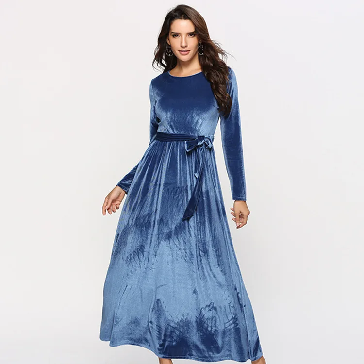 Amazon Hot Style Royal Blue Round Neck High Waist Women Velvet Dress Long Gown Evening Dress