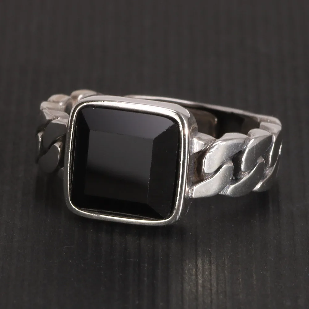 

Genuine 925 Sterling Silver Chain Rings With Black Agate Inlaid Adjustable Size Natural Stone Ring Fine Jewelry