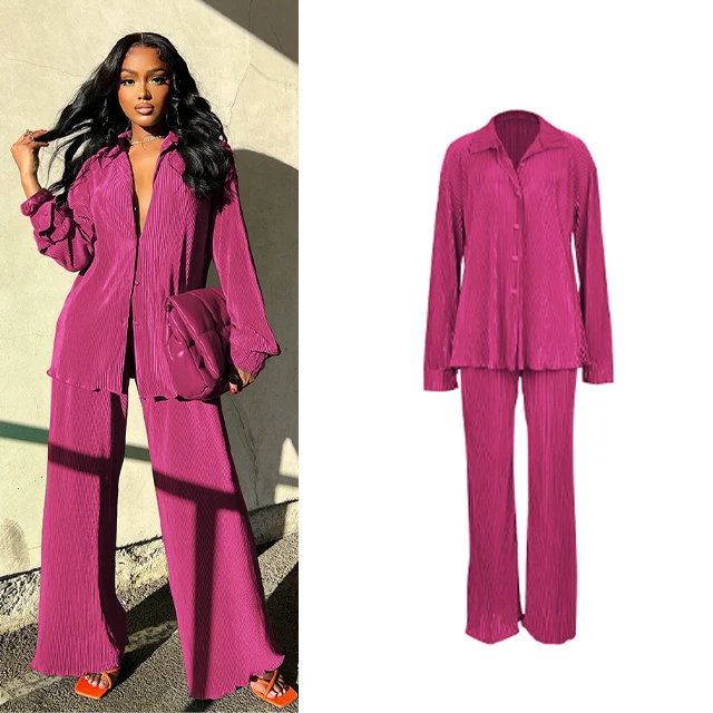 

GX1555 Wholesale Fashion Casual Fall Pleated Outfits Lapel Long Sleeve Shirt and Wide Leg Pant Matching Set Women 2 Piece Set