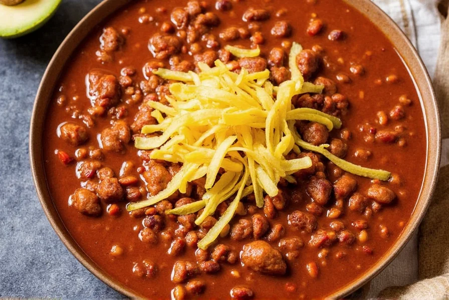 Pot of chili made with steak chunks