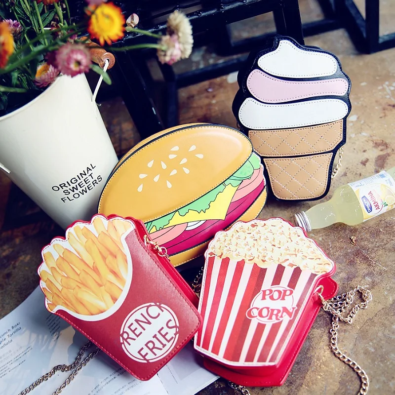 

Creative Fries Hamburger Bags for Girls Cute Purses Kid PU Chain Bag Mobile Phone Bags, Hamburger, fries, popcorn, cupcake, ice cream