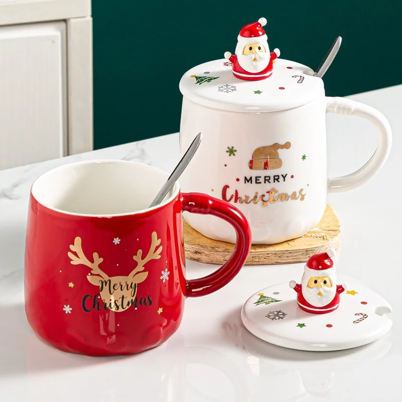 

Christmas Mug Pine Elk Printed Cartoon Water Bottle with Cover and Spoon New Colorful Festival Household Ceramic Coffee Cup