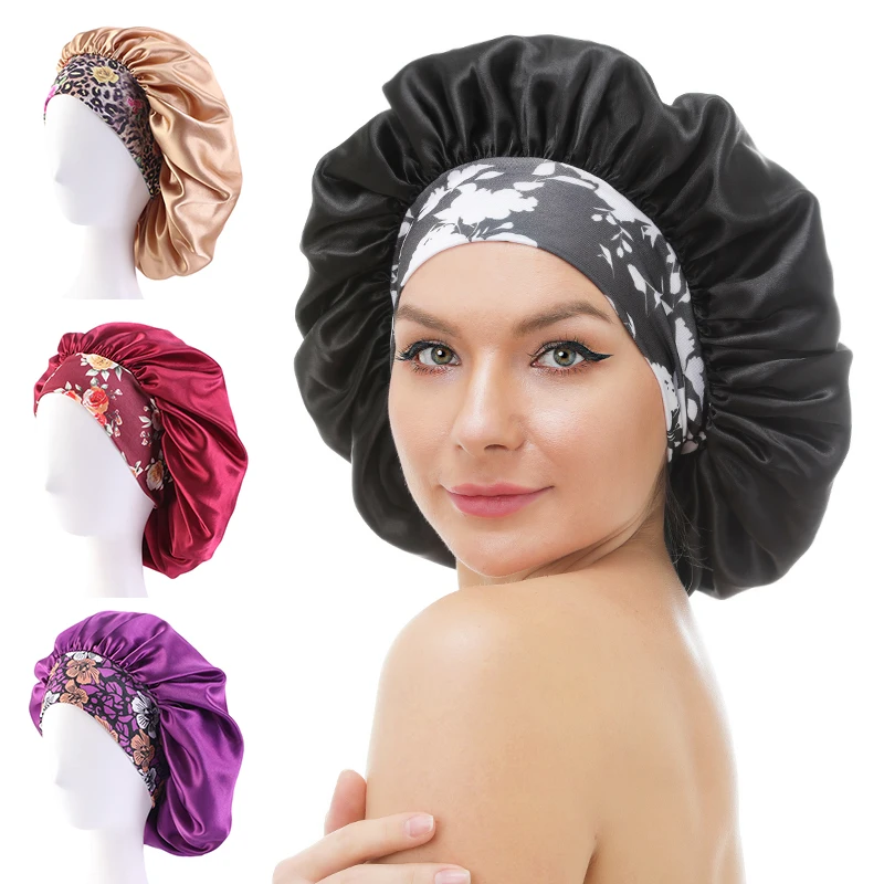 

Custom Logo Wide Band Hair Bonnets Cap Flower Print Bonnet En Satin Designer Bonnets Hair Accessories Women