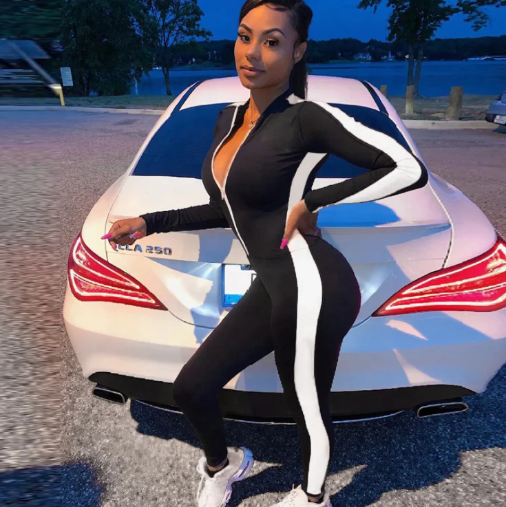 
Fluorescent color splicing zipper splicing reflective yoga sports one piece pants jumpsuits women 