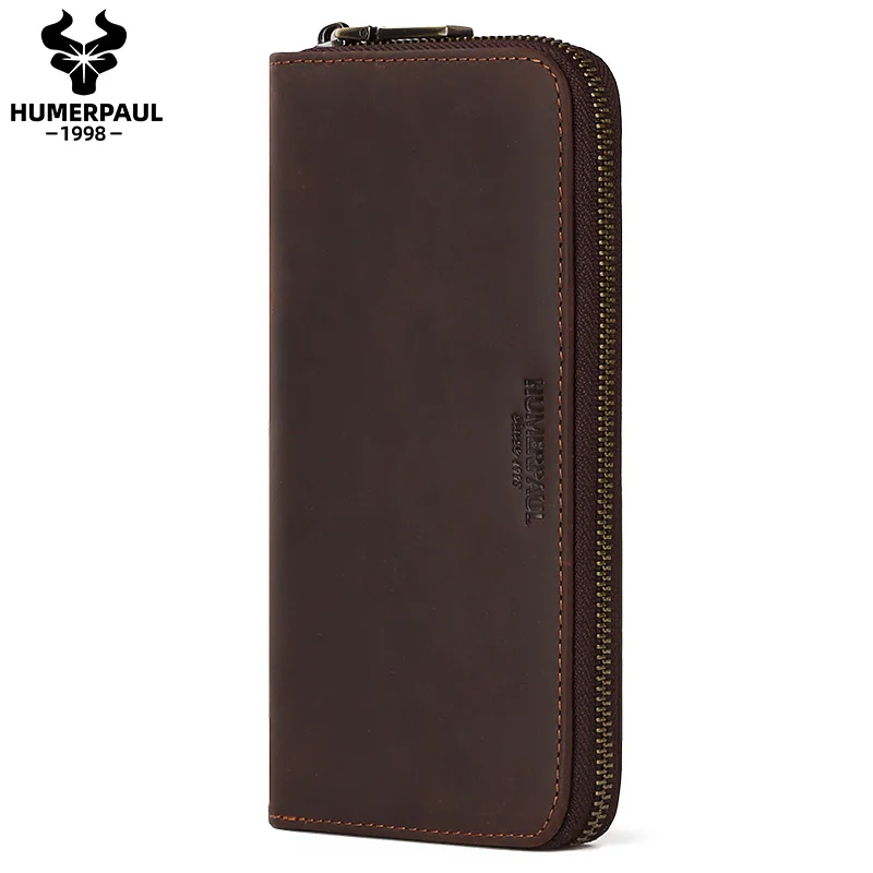 

HUMERPAUL Wholesale Vintage Multi-Function Money Bag Purse Genuine Leather Long Men Clutch Wallets Man Dropship wallets men