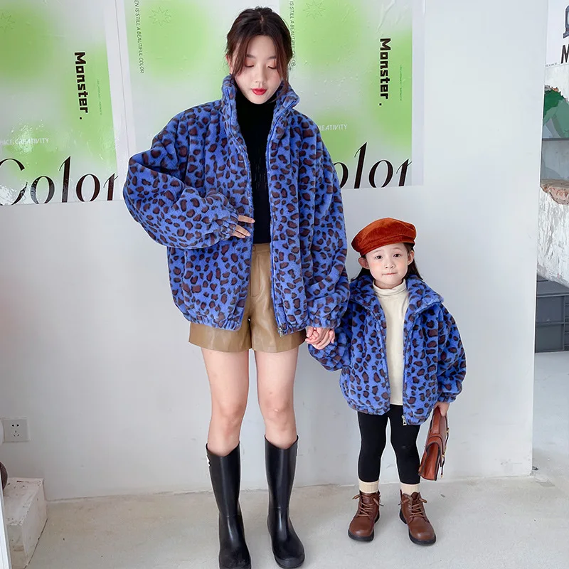 

Family Cloth Leopard Print Warm Mother And Daughter Matching Plush Coats Padded Zipper Fleece Son Mommy And Me Jackets