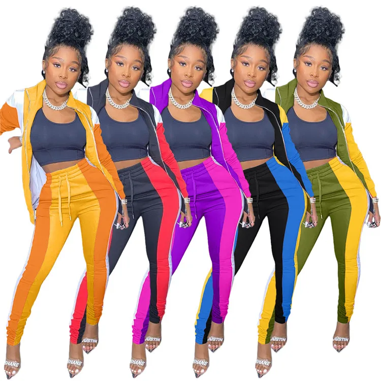 

Casual Ladies Jogging Gym Fitness 2 Piece Set Long Sleeve Patchwork Coat Sweatpants Women Sweatsuit, Picture color