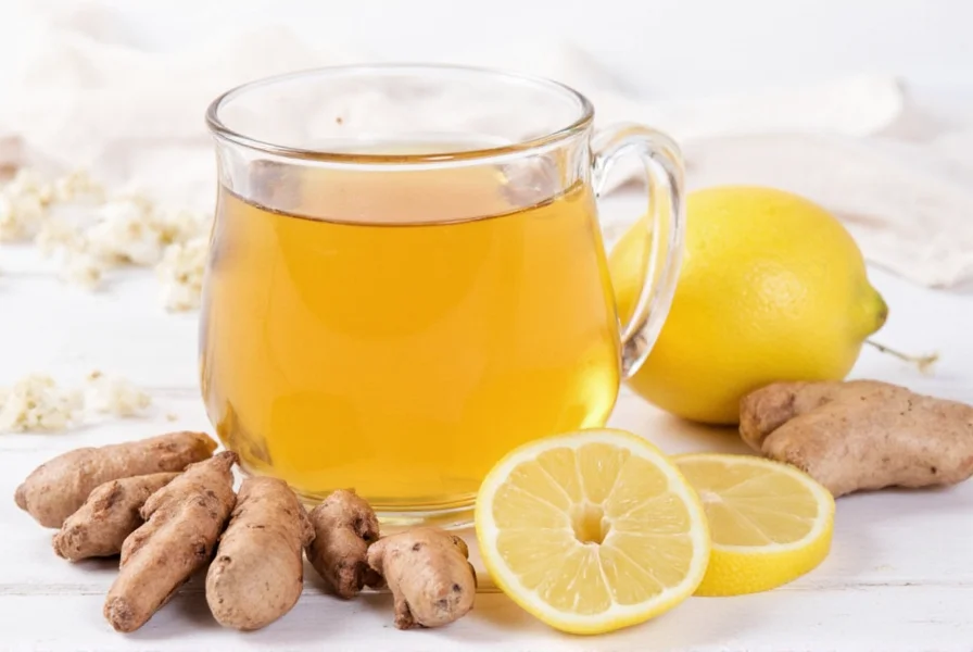Fresh ginger slices, lemon wedges, and raw honey in a jar arranged around a steaming teacup