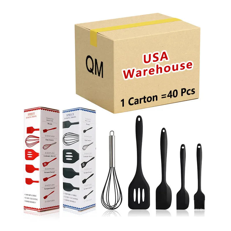 

USA Warehouse Free Shipping Kitchen Accessories Cooking Tools with Color Box 5pcs Silicone Utensils Set Eco-friendly Kitchenware, Red,black