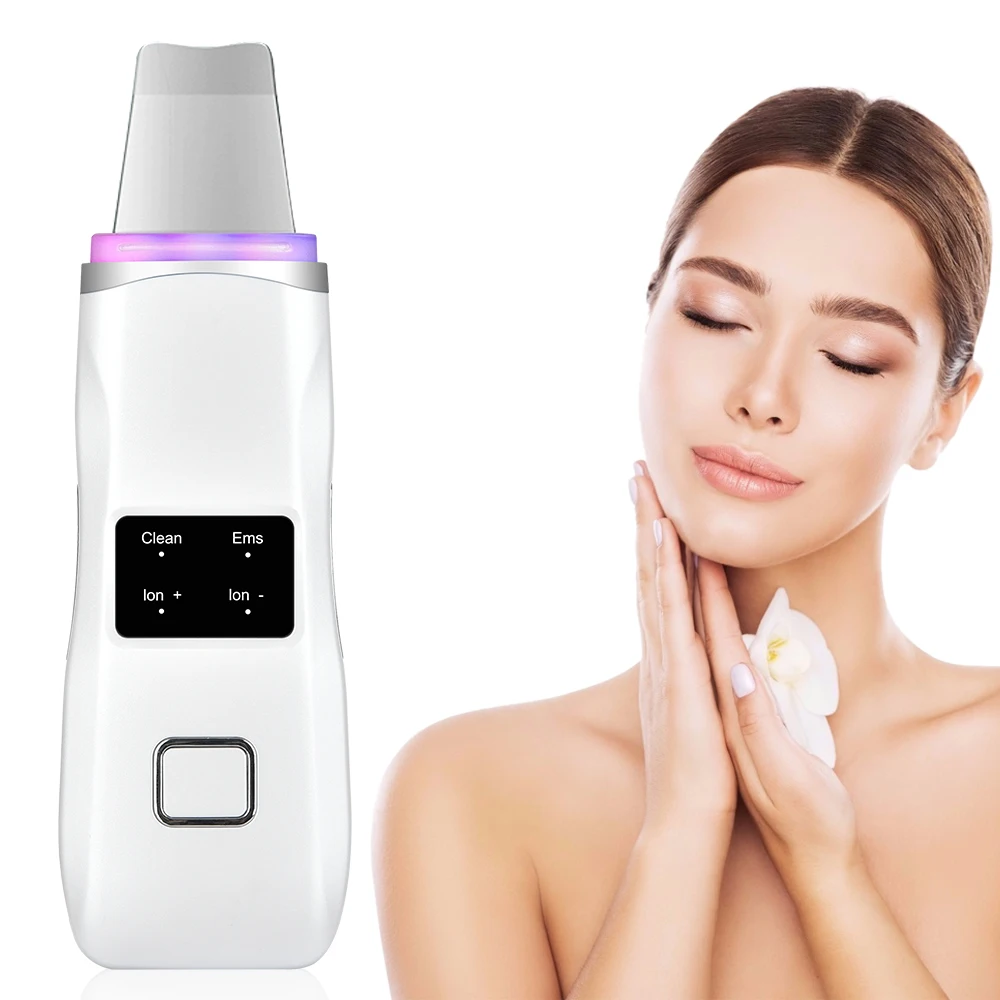 

Portable Professional Private Label Mini Beauty Equipment Blue Red Light Ultrasonic Face Cleaner Massager Skin Scrubber, White