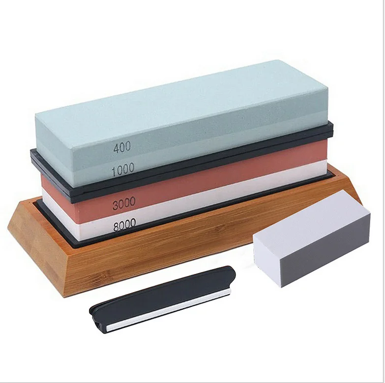 

2 Sided Knife Sharpening Whetstone Sharpener with Non Slip Bamboo Holder