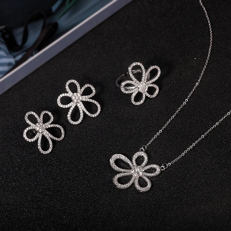 

Fashion Jewelry Wholesale Price Flower Shape 3A Zircon Jewelry Sets For Women, Silver