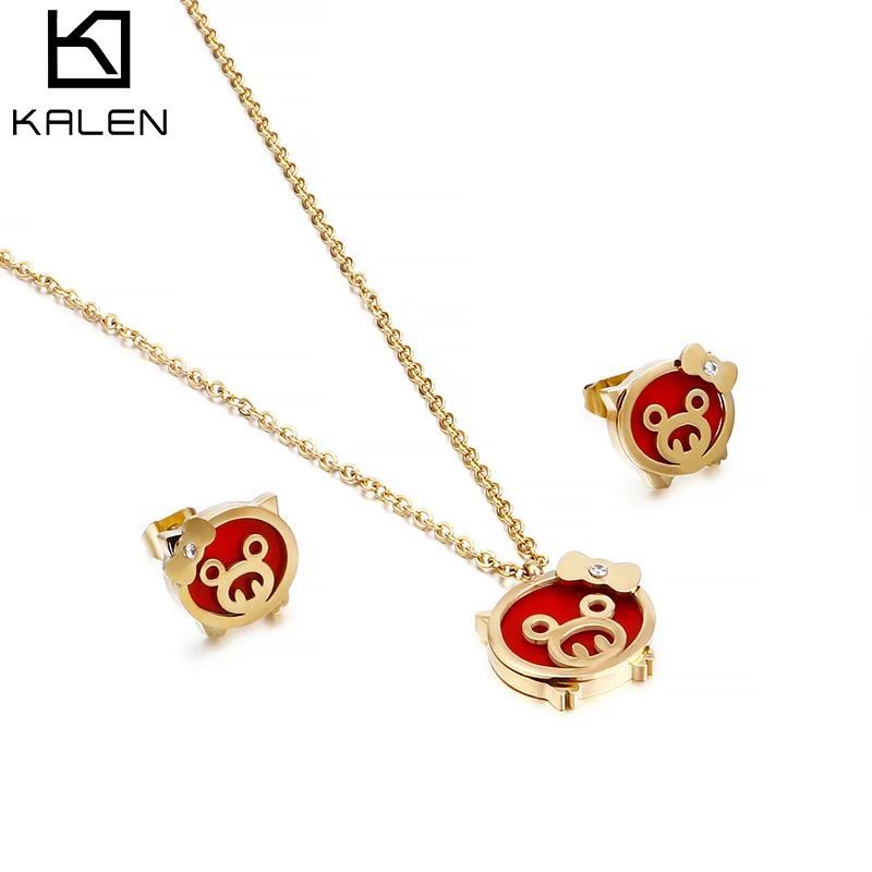 

Korean version of popular simple cute red bow piggy pig stainless steel necklace earrings jewelry set