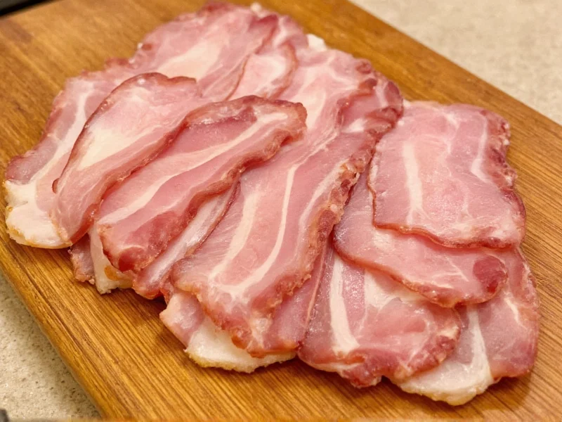 Sliced homemade bacon on wooden cutting board