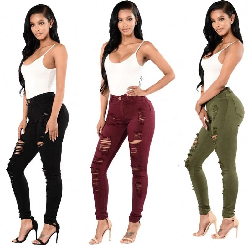 

Women's New Beggar Ripped High Waist Button Jeans Multicolor Trousers And Feet Pants