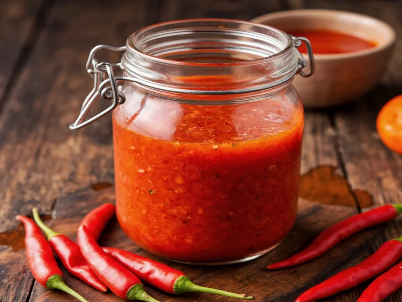 Red chili mash fermenting in glass jar for sriracha