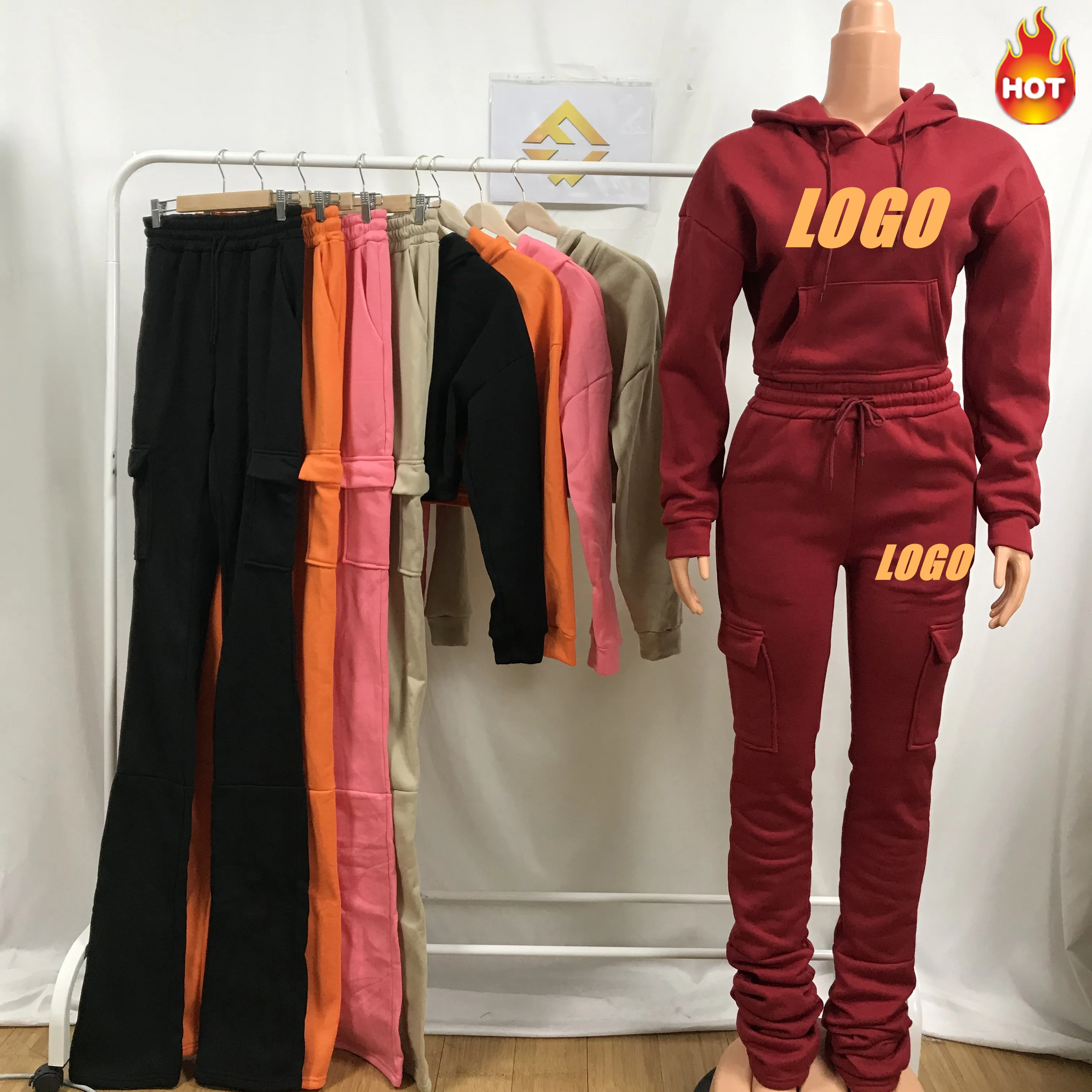 

2022 women clothes Pockets Cotton Woman Fleece Thick Crop Top Hoodie Joggers Stacked Sweatpants Two Piece Outfits Set, Picture color
