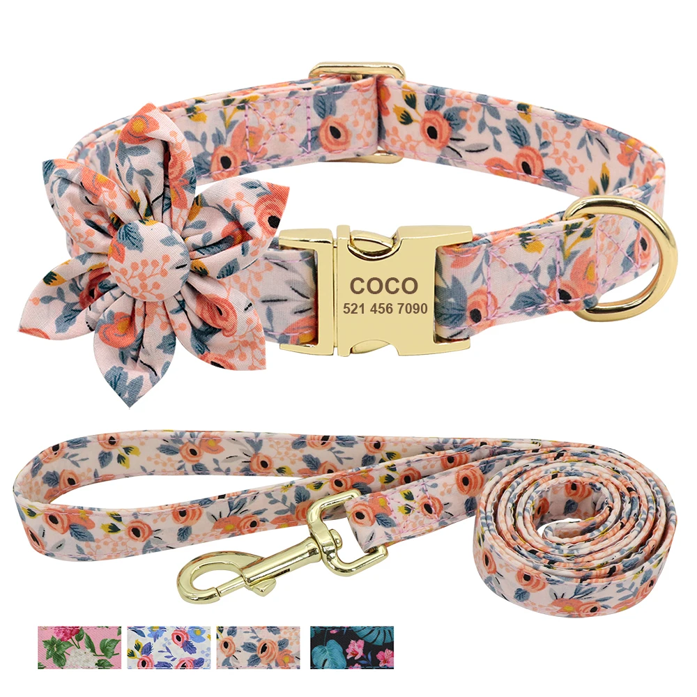 

Custom Engraved Dog Collar With Leash Nylon Printed Dog ID Collars Pet Walking Belt For Small Medium Large Dogs Flower Accessory