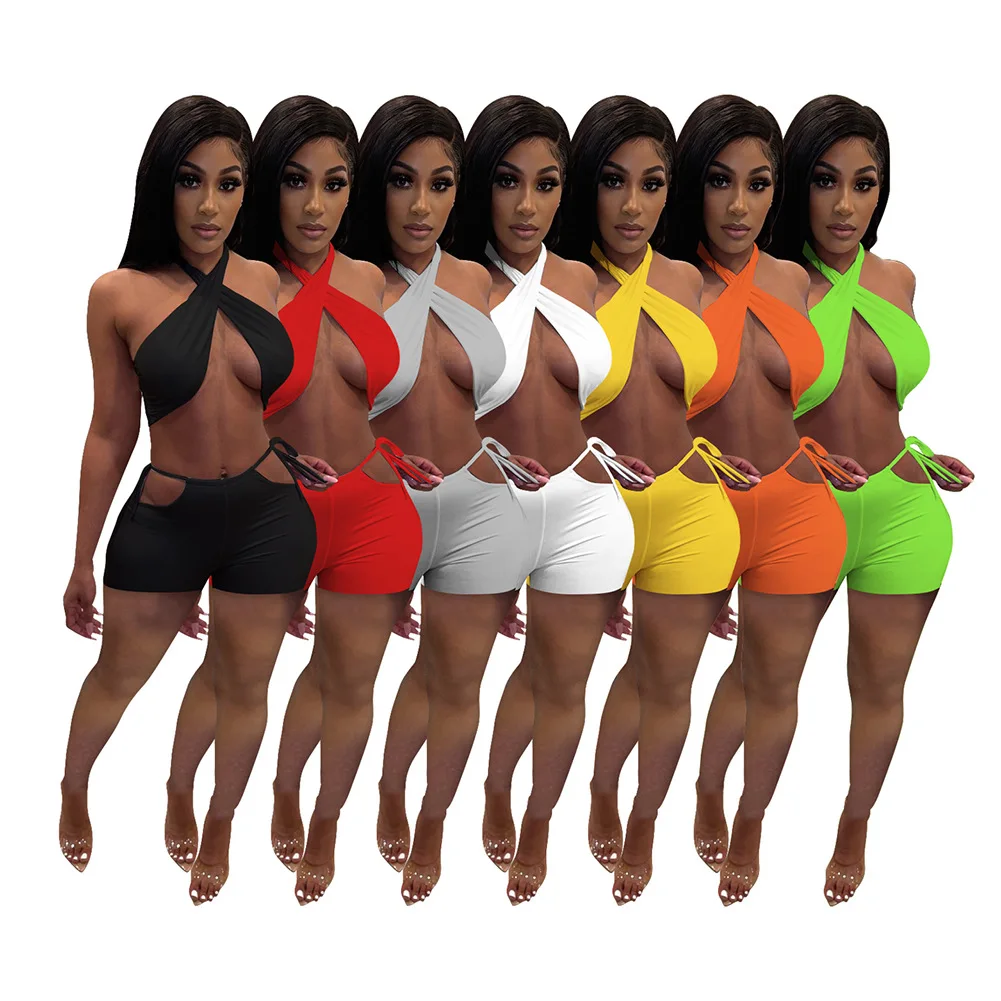 

Wholesale summer 2021 women clothing solid color sexy two peice halter neck crop top bandage shorts set, Photo shows