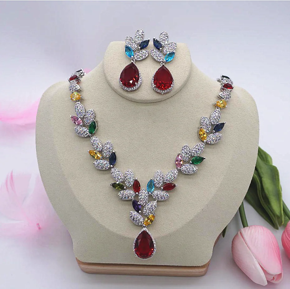 

Colorful bling bling zircon bridal wedding jewelry necklace sets NE-201, Silver