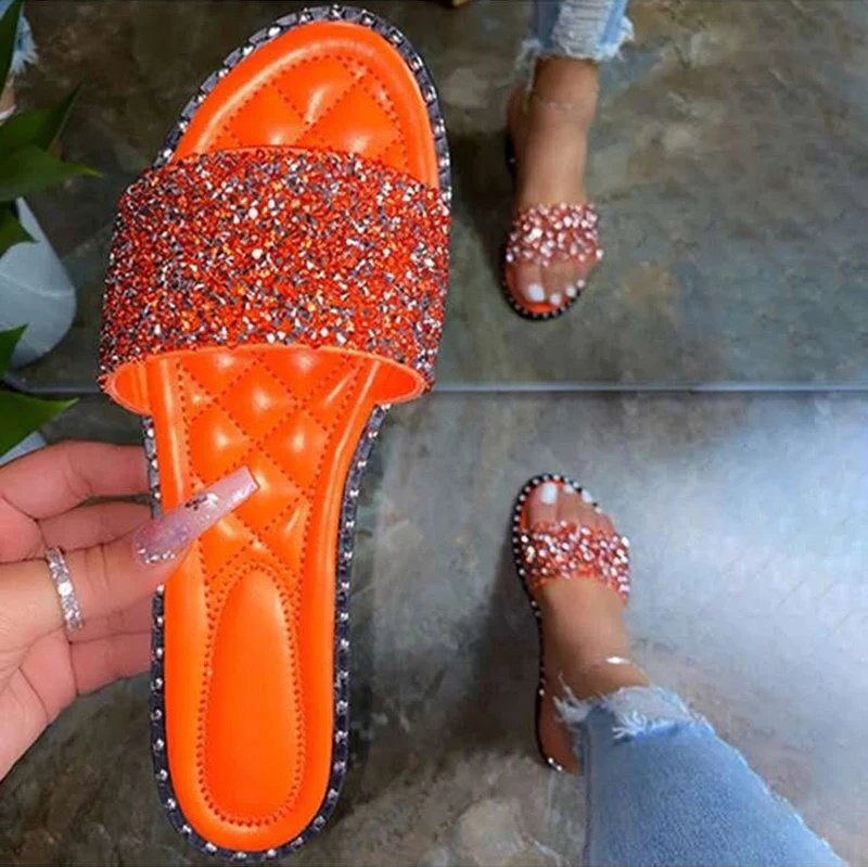 

Summer Shoes Women Sandals 2020 Bling Flat Rhinestone Ladies Beach slipper Designer Luxury Sandalias Mujer fashion flat Sandals