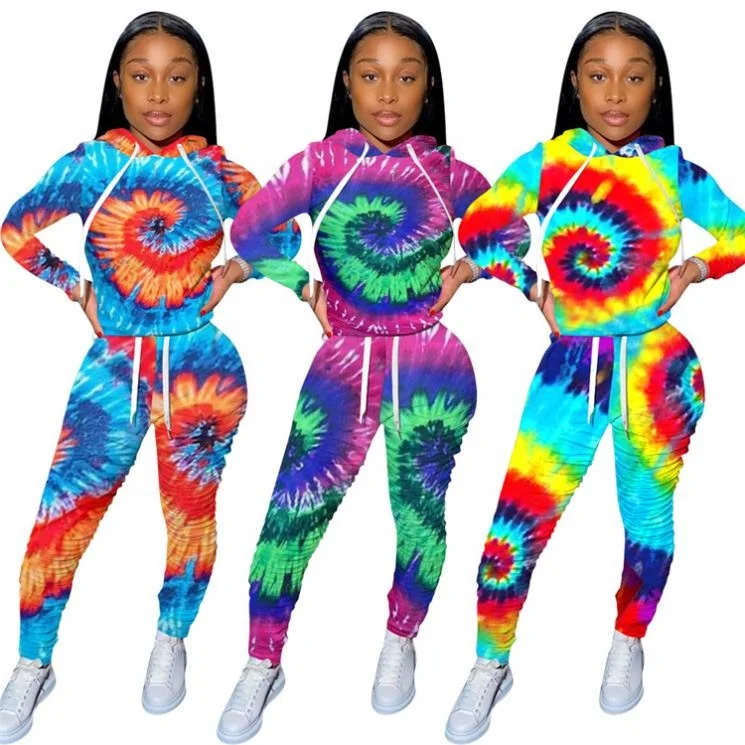 

2021 Sweat Suit Long Sleeve Pant Sets Tie Dye Women Jogging Two Pieces Suit