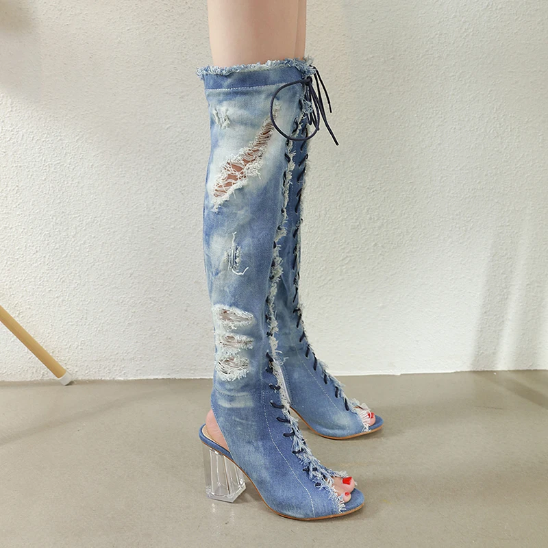 

Crystal square heeled peep toe zipper decor women denim pumps lace up front tassel detail over the knee lady long boots