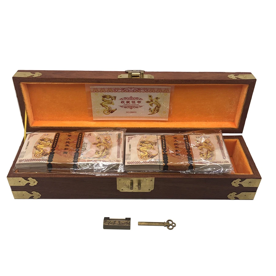 

1000 pcs chinese dragon and phoenix yellow dragon banknote one hundred quintillion vigintillion banknote in dragon wooden box