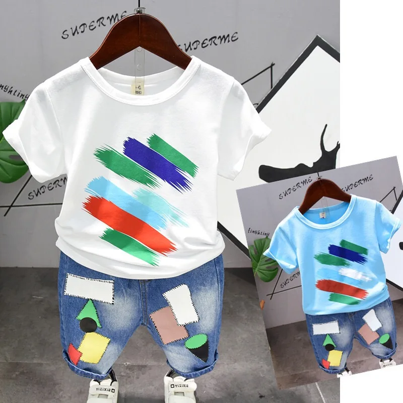 

Toddler Little Boy Kids Summer star printed t Shirt printed Short jeans 2pcs Outfit Clothes set, Picture shows