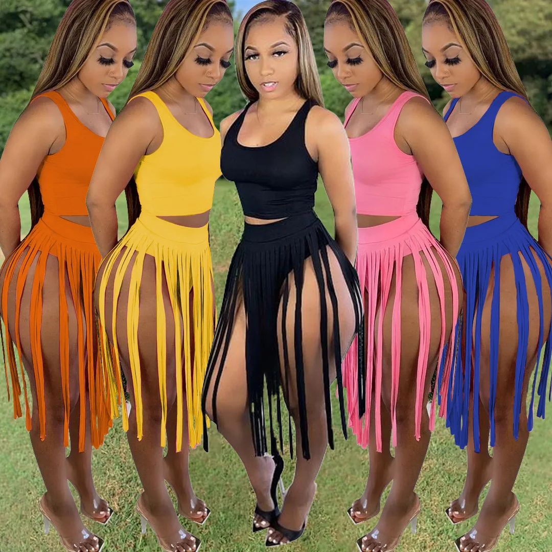 

2021 New Arrivals Two Piece Skirt Set Women Sexy Fashion Wear Solid Color Vest and Fringed Skirt, Picture shows