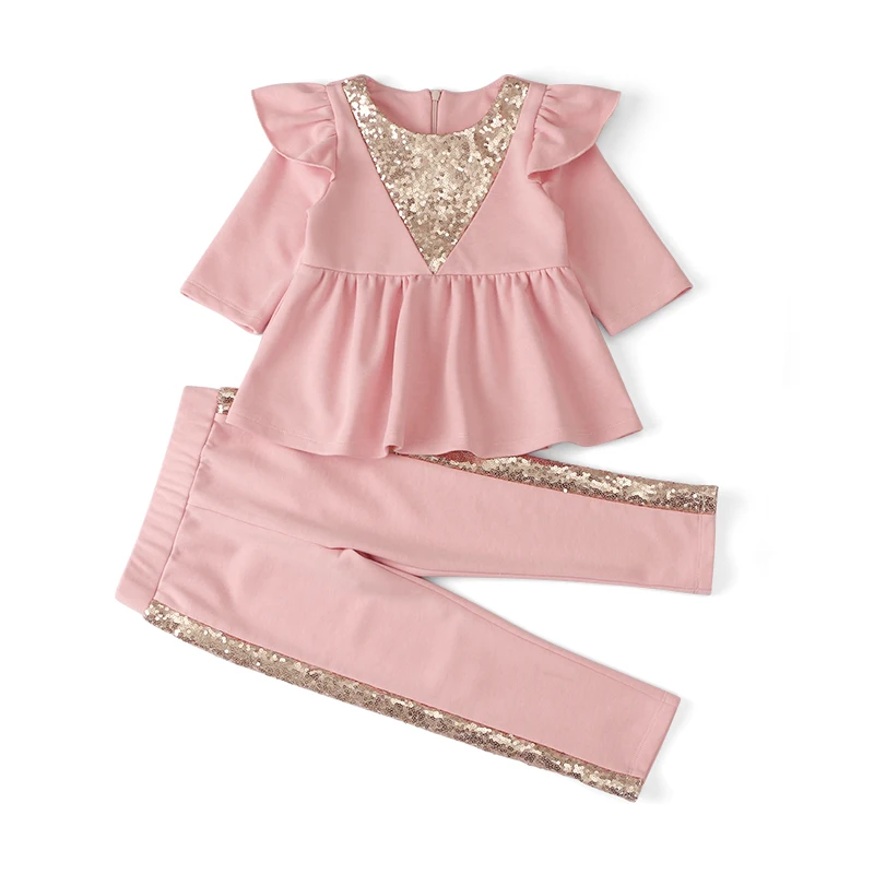 

Pink Kids Two-piece Suit Outfits Soft Combed Cotton Sequins Flying Sleeves Baby Clothing Sets