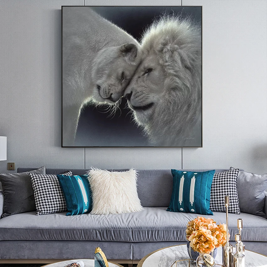 

Black and White Africa Lion Head to Head Canvas Painting Animal Posters and Prints Cuadros Wall Art Pictures For Living Room
