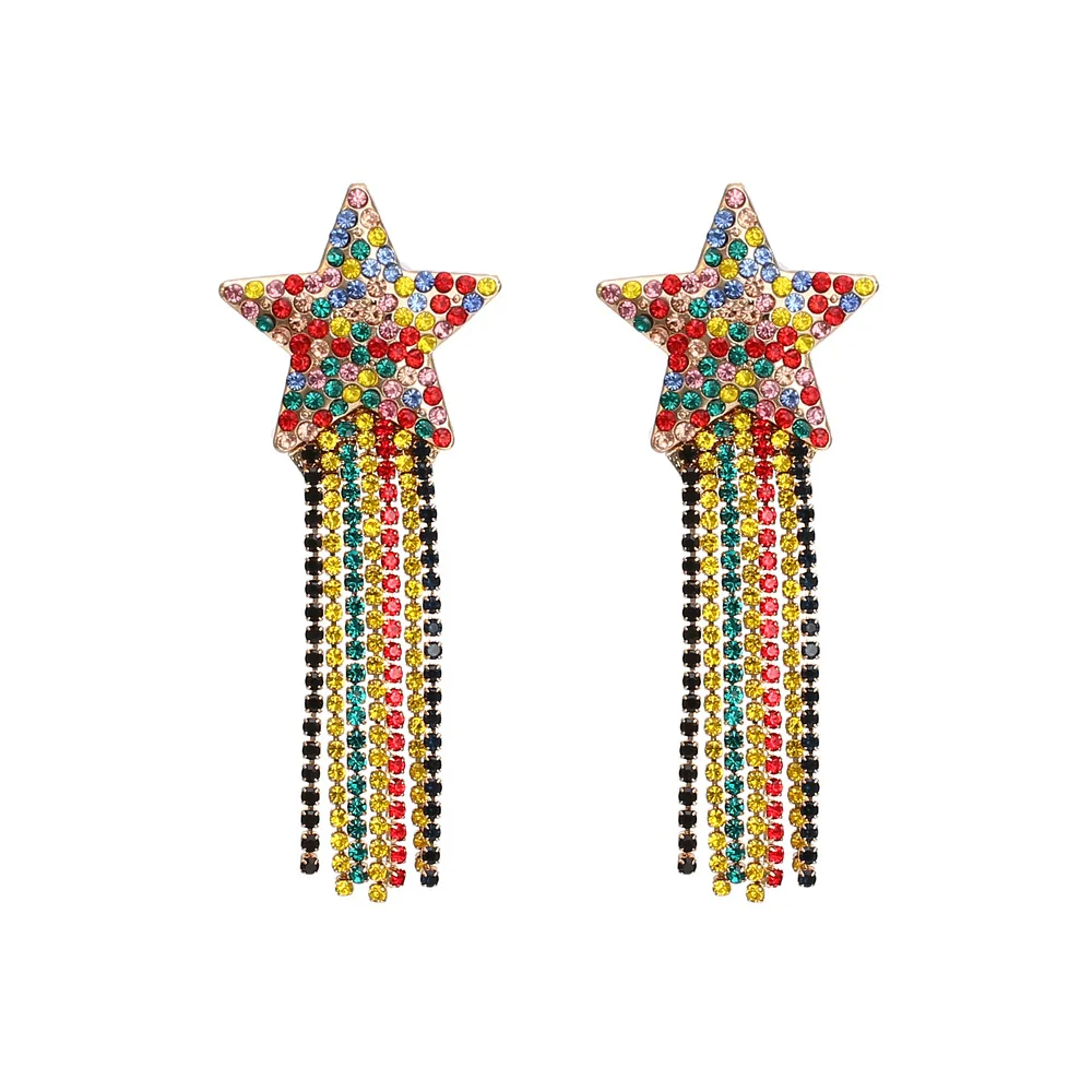 

Shining Rainbow Crystal Rhinestone Star Statement Earrings Multiple Colorful Crystal Fringe Tassel Dangle Earrings