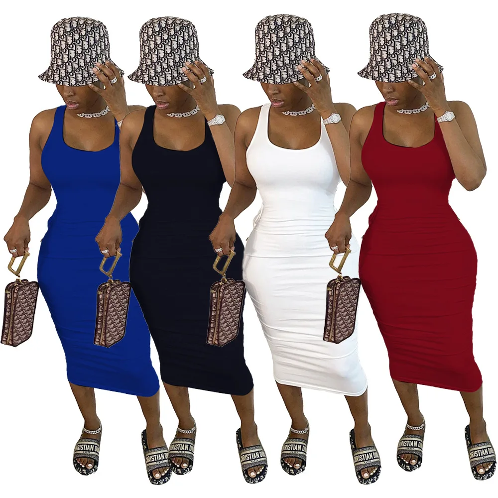 

New fashion summer solid color casual pencil dresses womens zipper sexy bodycon bandage dress, Black,red,black,blue