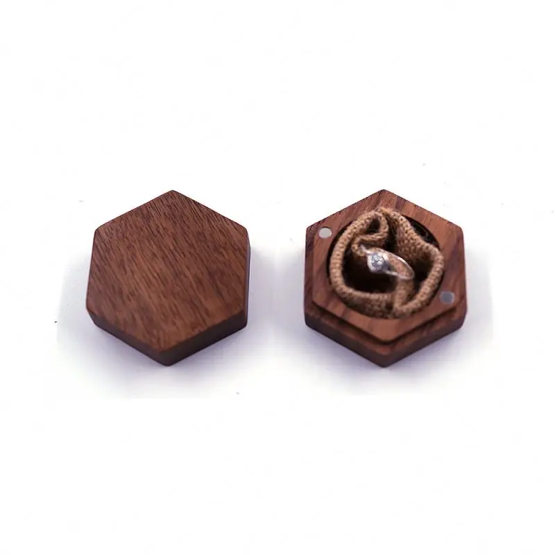 

Wholesale customizable hexagon wood ring box with solid wood material magnetic opener