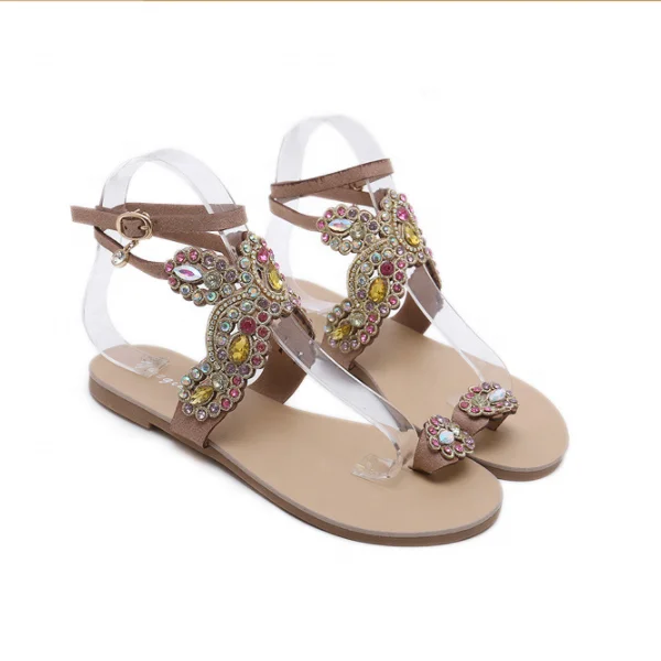 

B24526A New Bohemia holiday beach shoes rhinestone flat sandals women's summer Roman sandals, Black, apricot