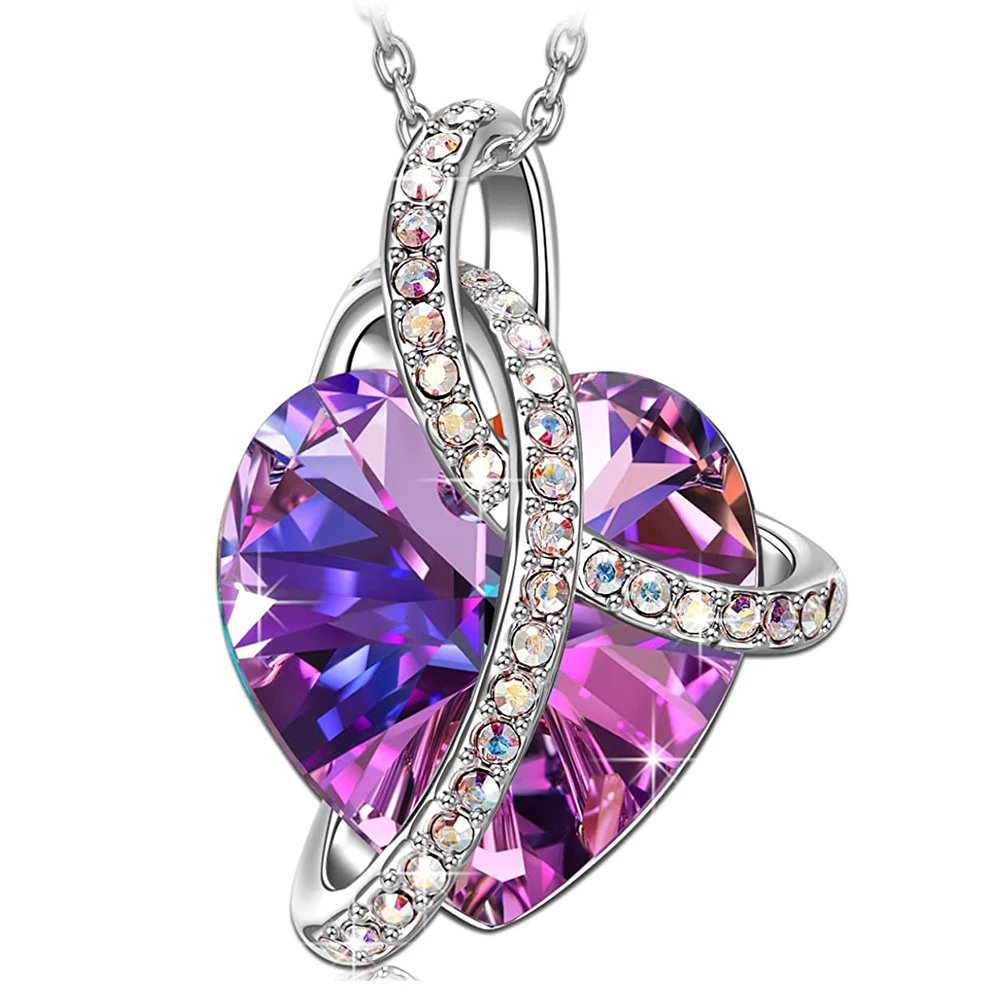 

Austria Crystal Love Pendant 925 Sterling Silver Chain Gift Party Wedding Women's Jewelry Heart Austria Rhodium Color Necklace, Purple/light blue/pink/bule