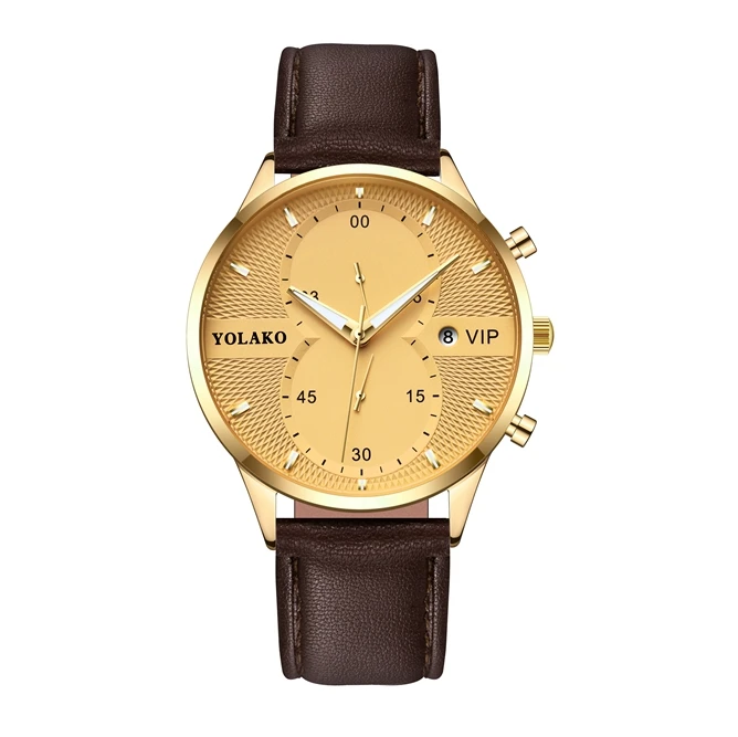 

YOLOKO brand leather watch with texture pattern alloy case men's business watch, As picture