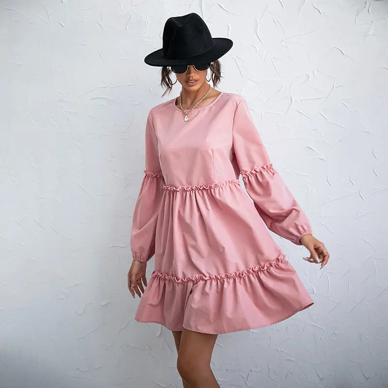 

Luoqi Lady Solid Pink O-Neck Puff Sleeve Smocked Hollow Out Frill Dress For Women