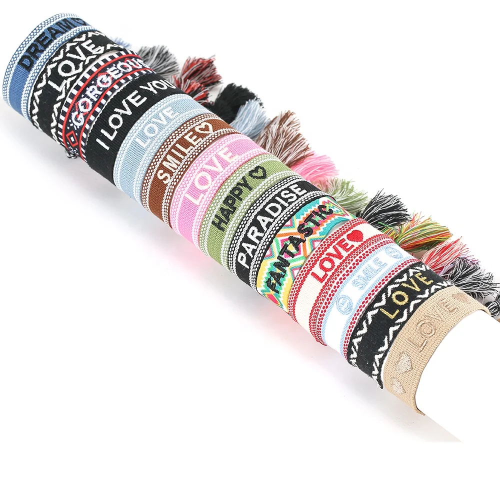 

Bohemian Woven Bracelet texts Letter Embroidered Logo Wrist Band Tassel Bracelet  For Girls Friendship Gift bracelet, Picture