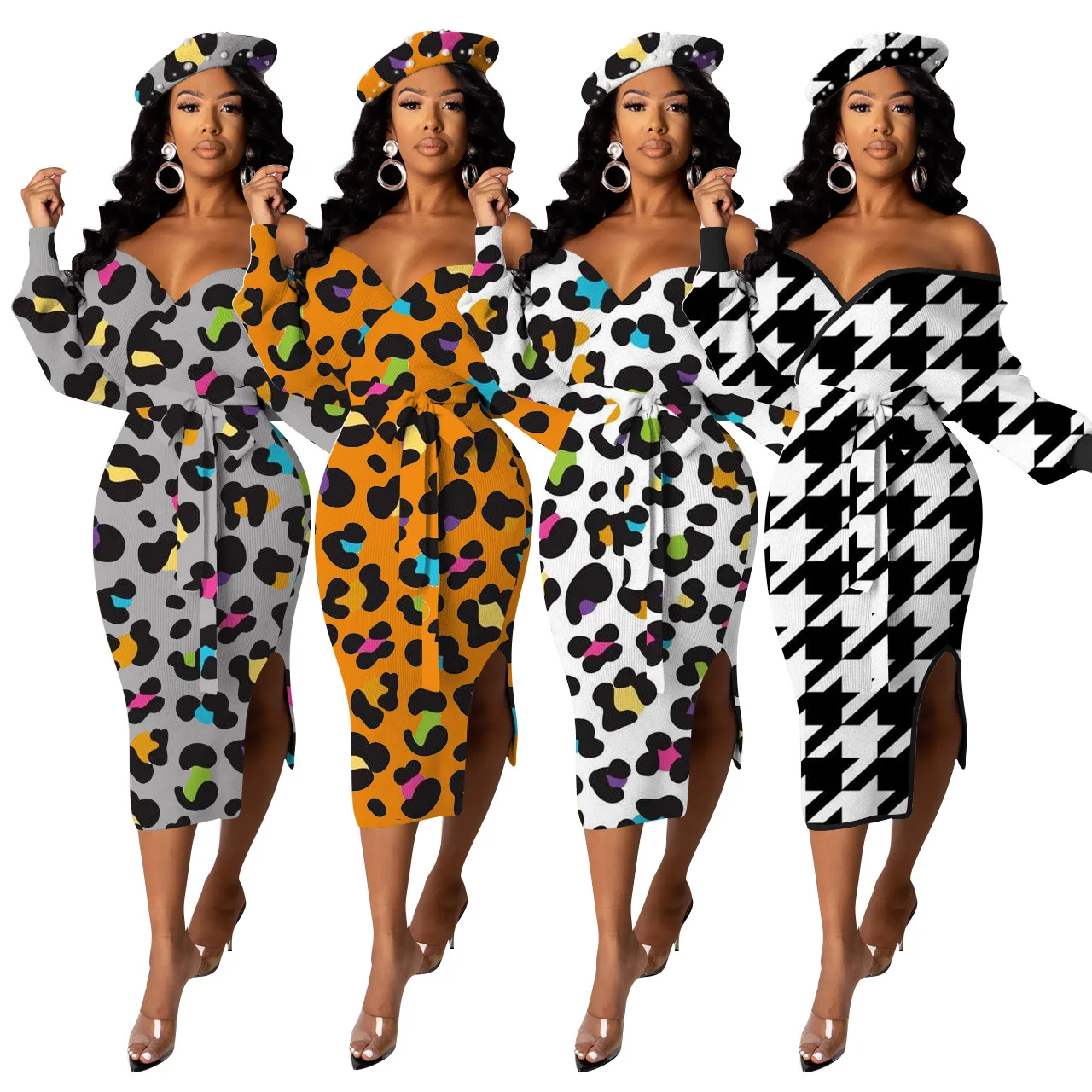 

Fall Wint Sexy Women Clothing Long Sleeve Trendy Dew Shoulder Leopard Print Mid Calf Dress, White, orange, gray, black white