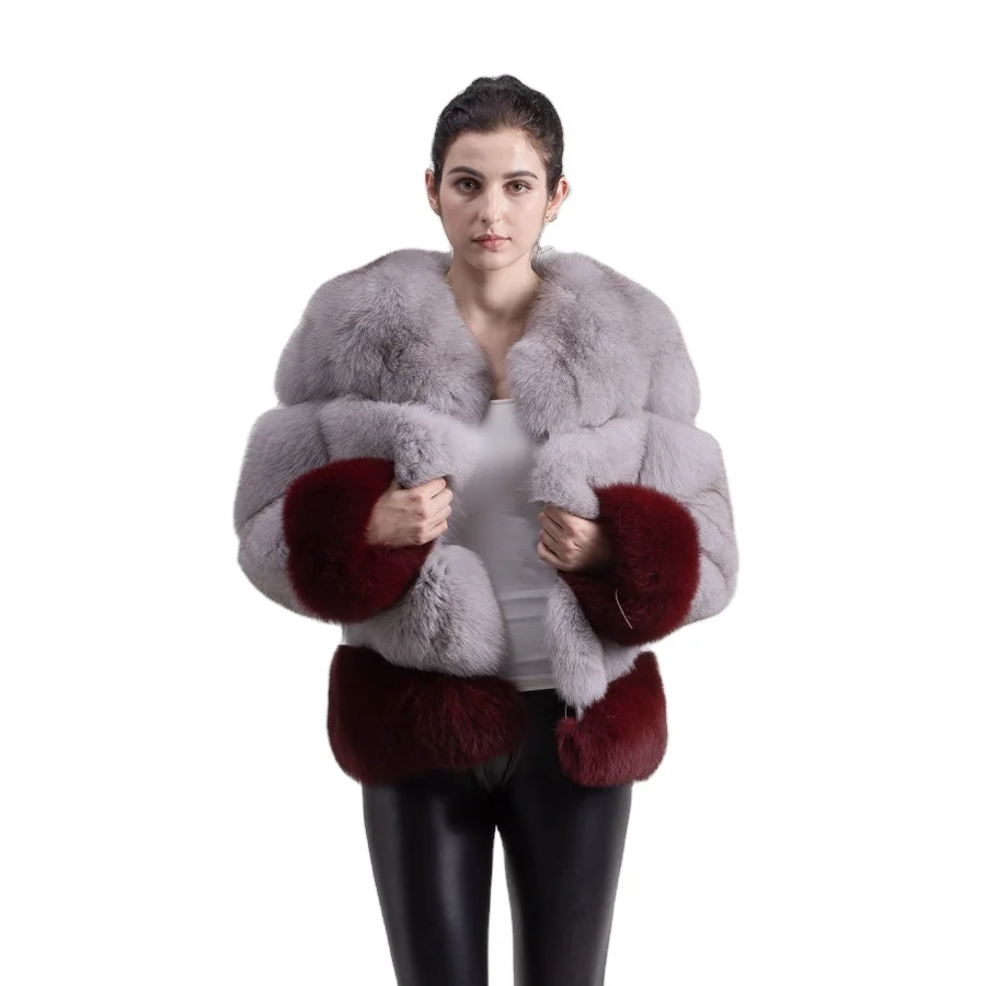 

QIUCHEN QC1818 new arrival women thick fluffy real fox fur coat long sleeve neguine fur jacket Color Blocking wholesale