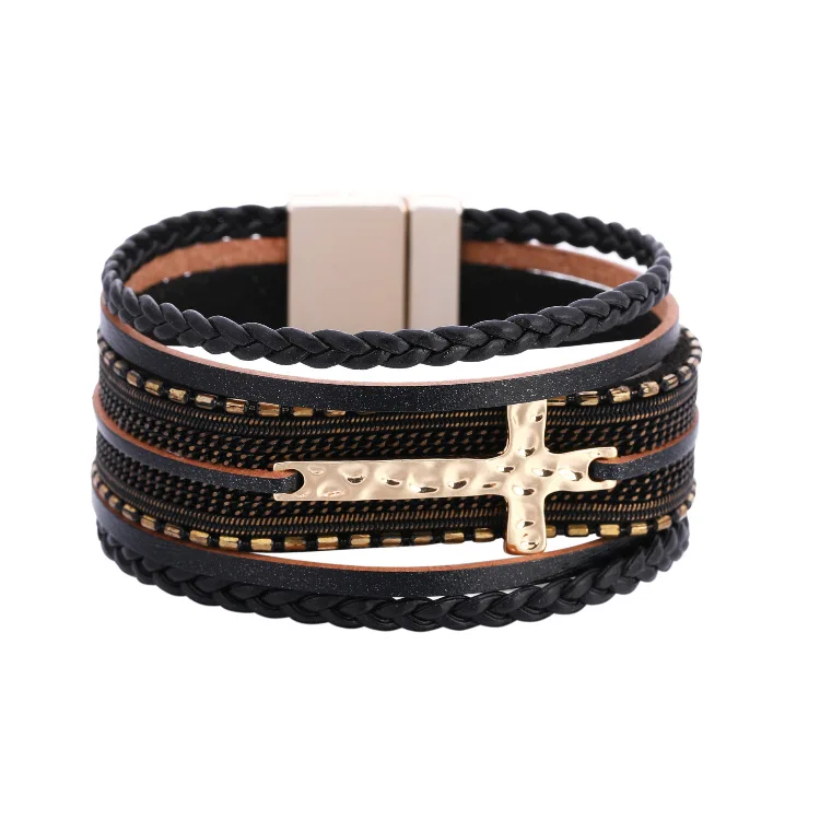 

Bohemia Multi Strand Cuff Bracelets Braiding Magnetic Clasp Cross Leather Wrap Bracelet Bangle