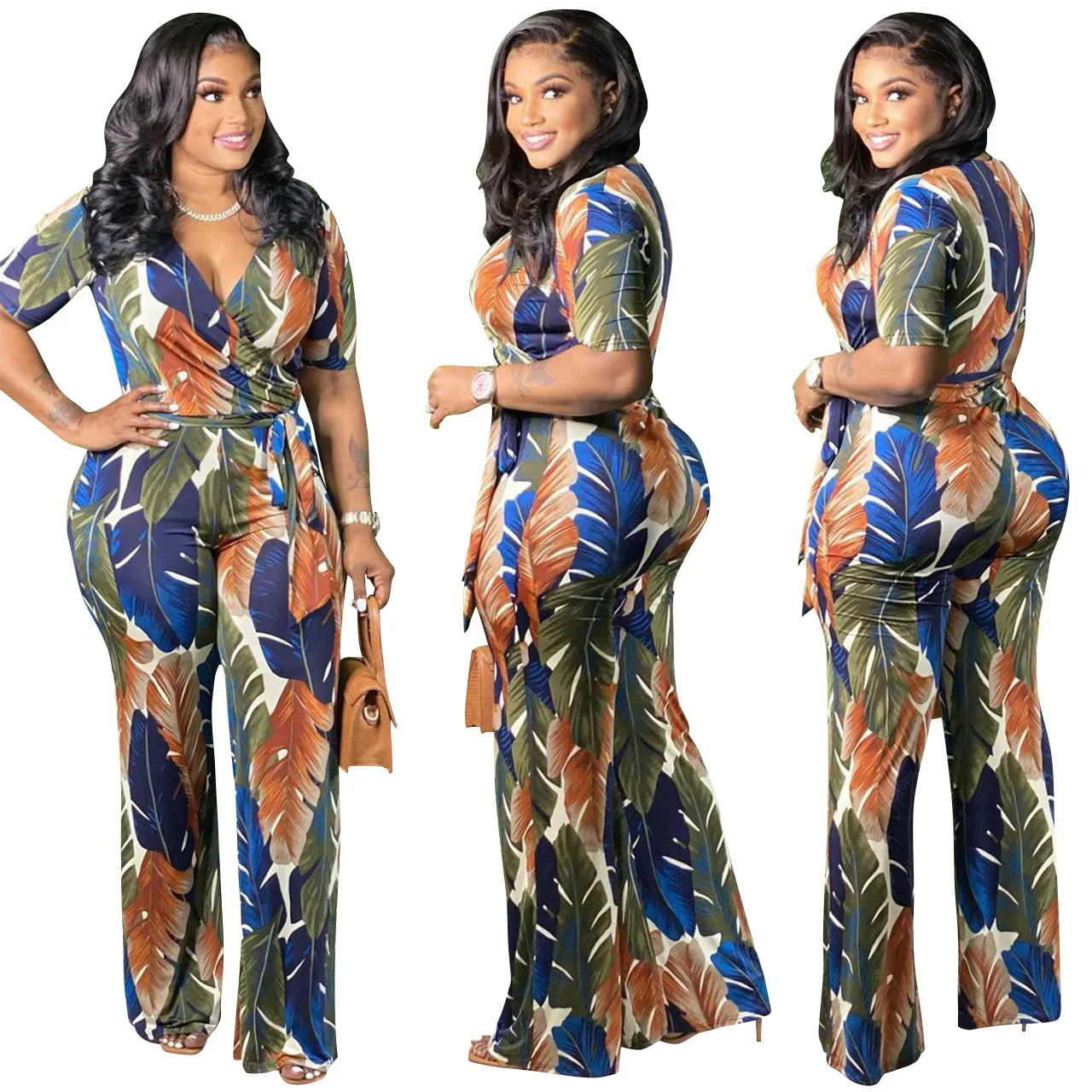 

Wholesale Rompers Fall New Printed v Neck Bandage Short Sleeve Straight Long Pants Women Sexy Jumpsuit, Shown