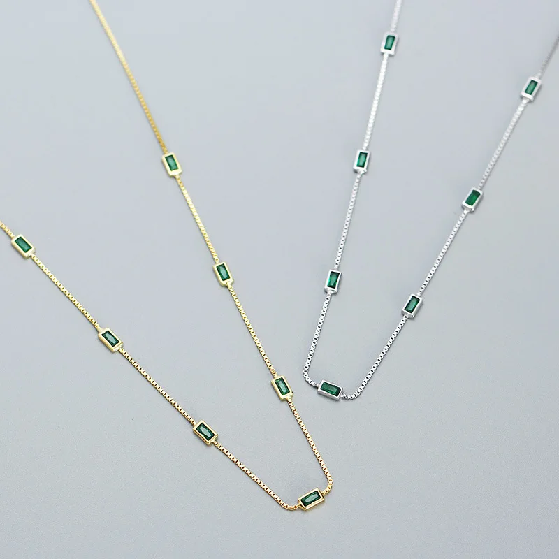 Box Chain Green Cubic Zircon Square Shape Choker Necklaces Jewelry for Women Sterling Silver 925 Party Gifts