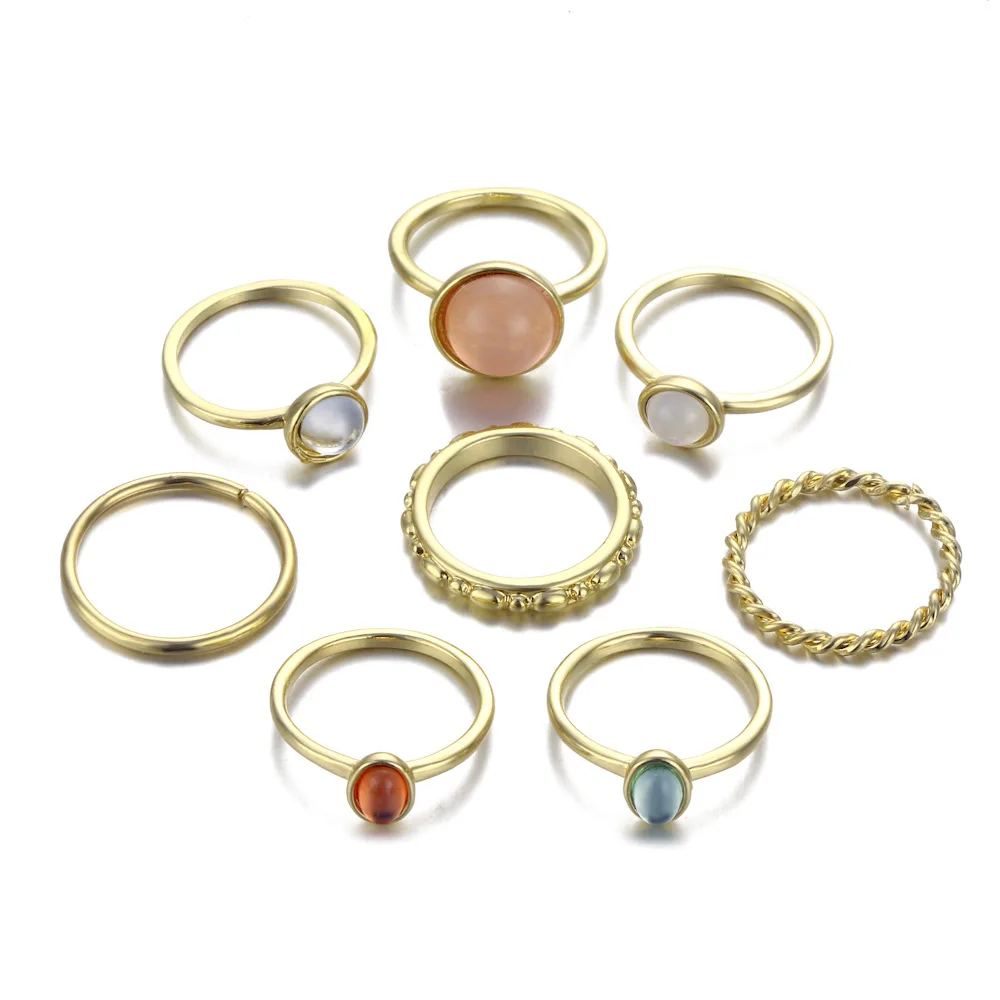 Fashion Jewelry Personalized Knuckle Ring Suit Combination Metal Round Ring With Colored Gemstones 8-piece set Jewelry For Women