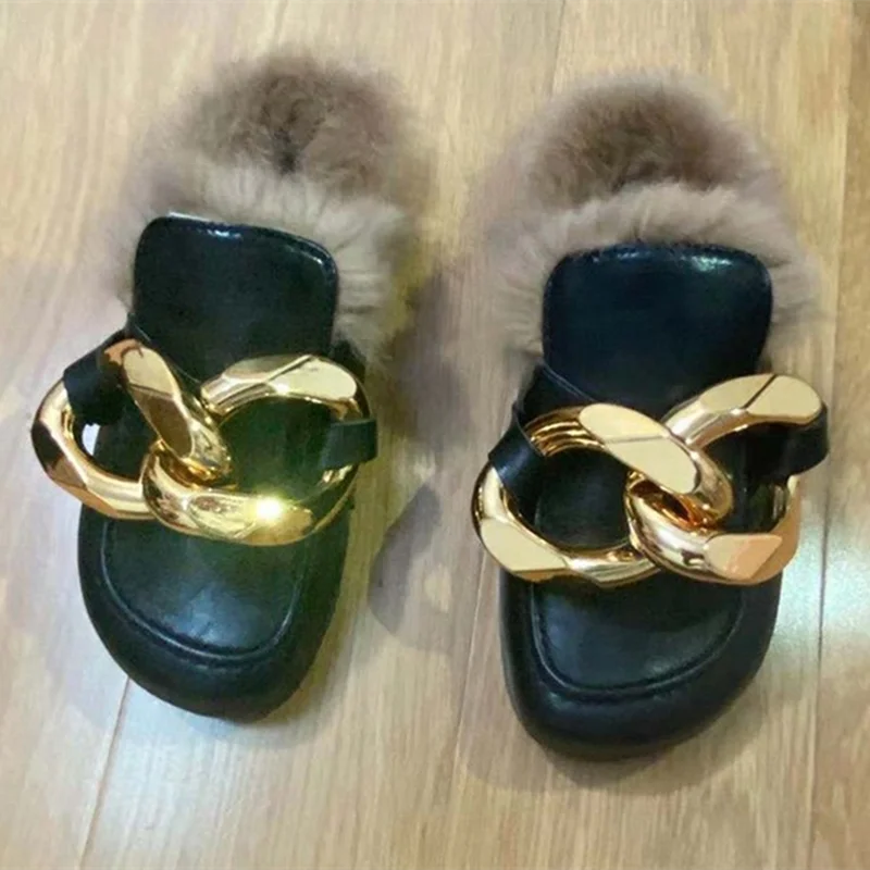 

Cheap Metal Decor Buckle Chain Round Closed Toe Slippers Soft Fur Warm Slides Shoes House Women Flat Sandals Fashion, Black,white,brown,red
