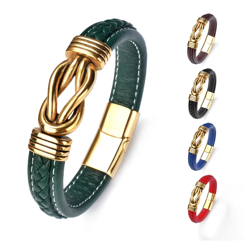 

F496 Fashion Hot Men's Hip Hop Braided Bowknot Leather Titanium Steel Punk Magnet Buckle Wrap Bracelets